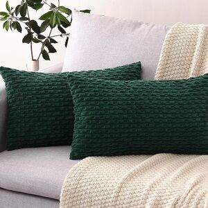 New Pack of 2 Boho Corduroy Striped Throw Pillow Covers 12x20 Inch Forest Green